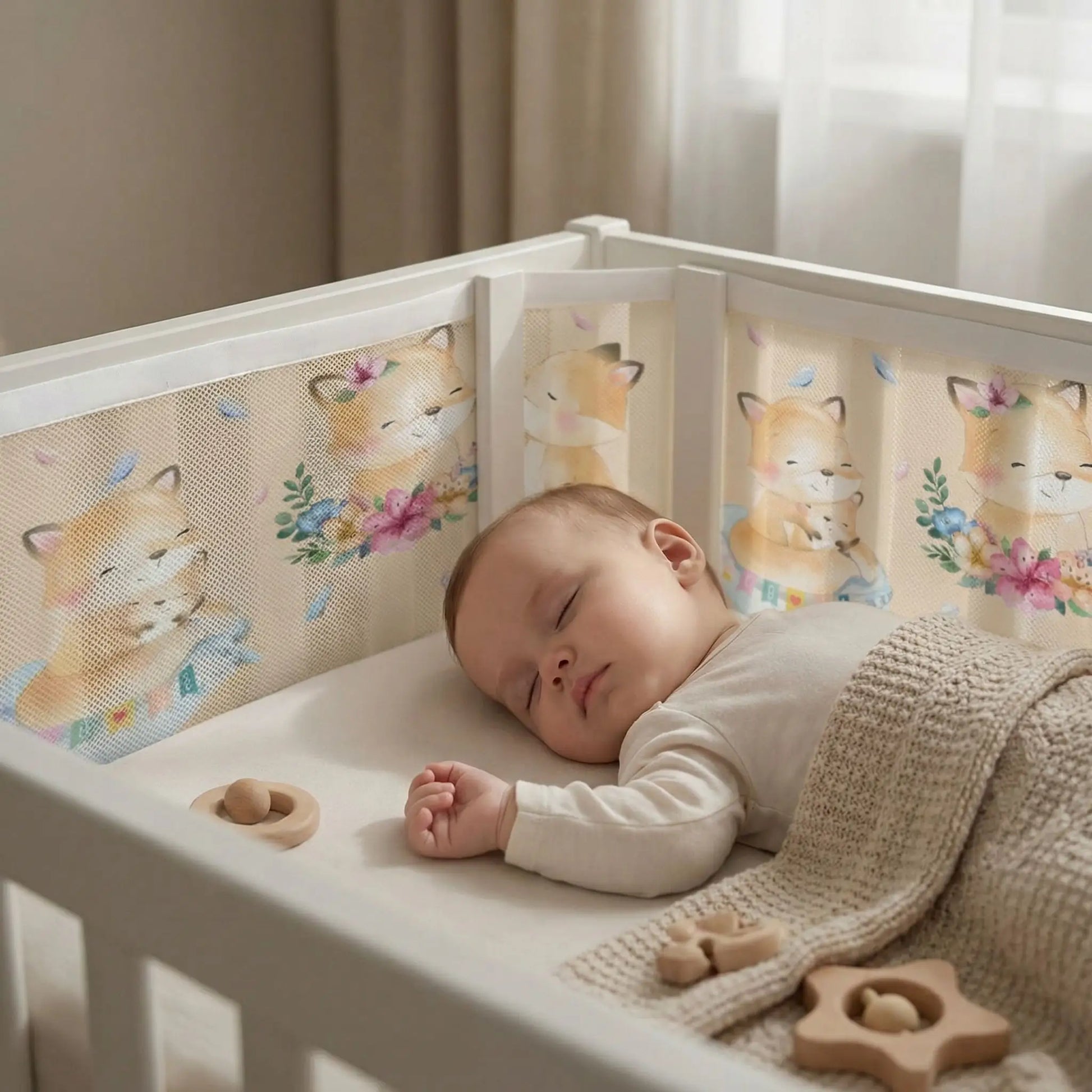 tour de lit respirant renard enfant endormi dans berceau