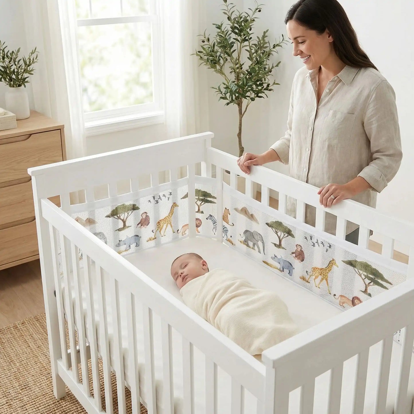 tour de lit respirant savana bébé endormi maman souriante