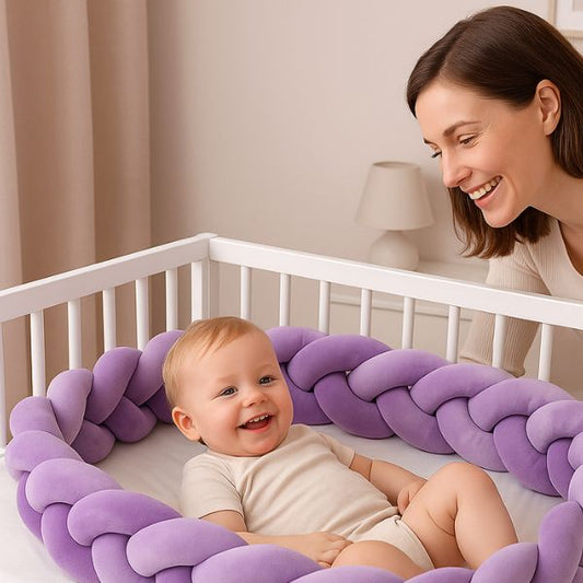 tour de lit tresse violet enfant souriant dans berceau