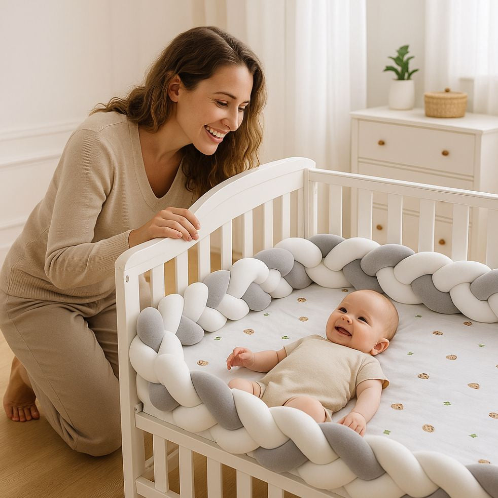tresse de lit 3m blanc gris coton maman bébé souriant