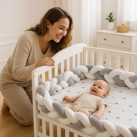 tresse de lit 3m blanc gris coton maman bébé souriant