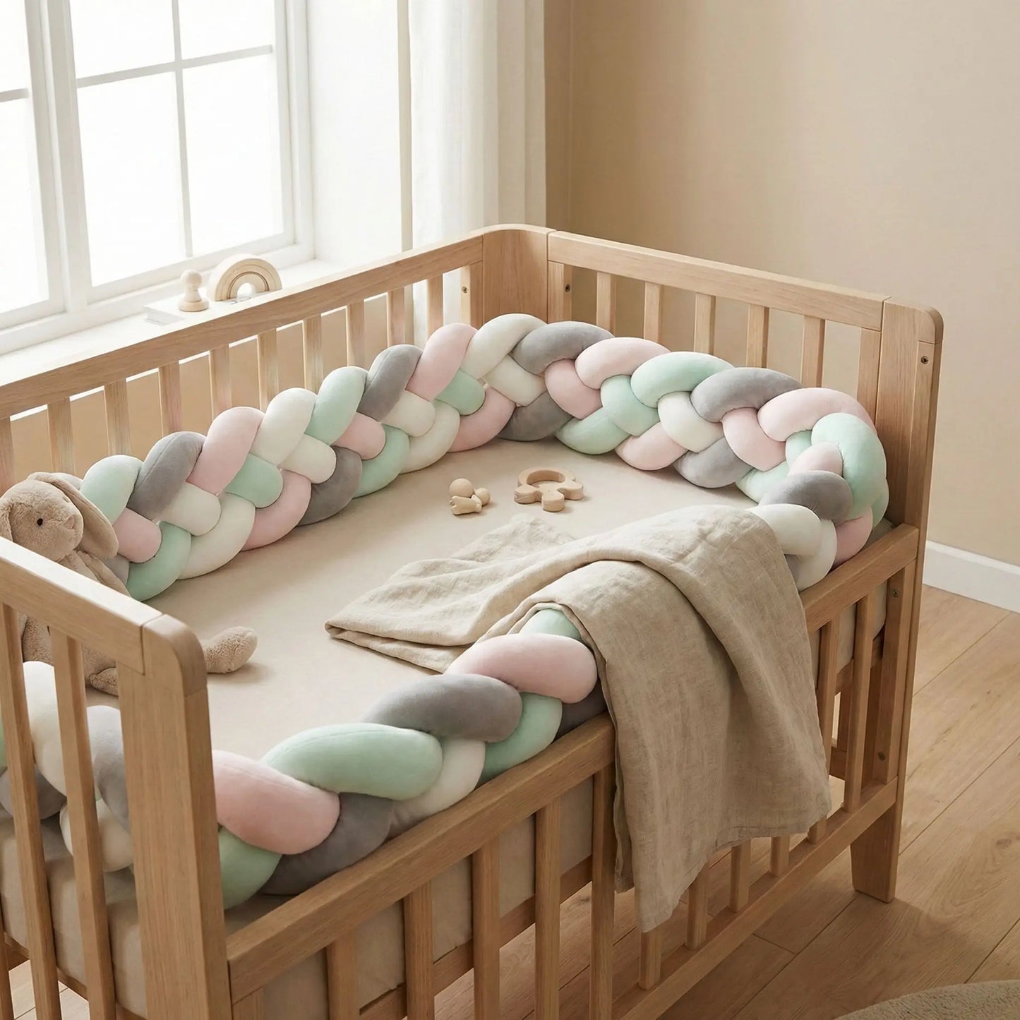 tresse de lit 4 brins gris blanc vert menthe berceau