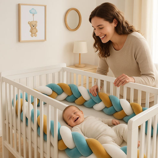 tresse de lit bebe blanc bleu moutarde bebe maman souriant