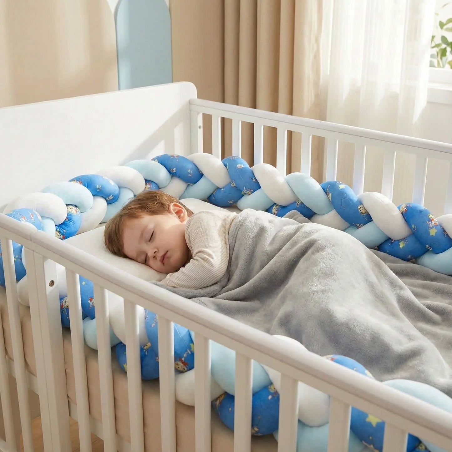 tresse de lit bébé bleu blanc protection enfant endormi