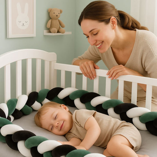 tresse de lit bebe noir blanc vert bebe maman souriant