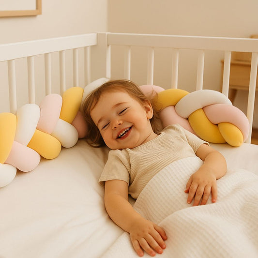 tresse de lit bebe rose blanc jaune fille souriante