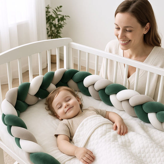 tresse de lit bebe vert blanc gris enfant maman souriant