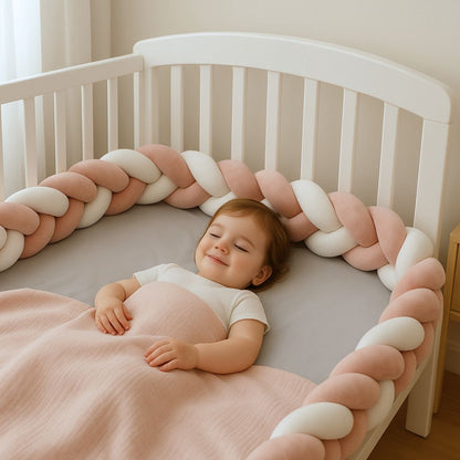 tresse de lit bebe vieux rose blanc enfant endormi souriant