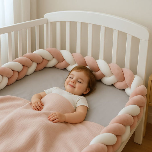 tresse de lit bebe vieux rose blanc enfant endormi souriant