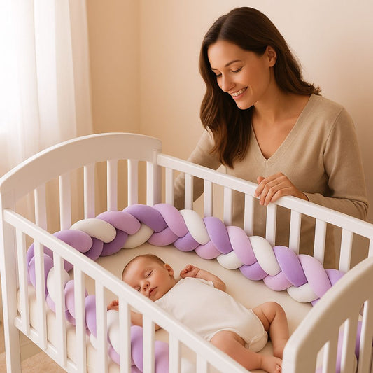 tresse de lit bebe violet blanc bebe endormi maman souriante