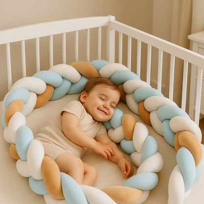 tresse de lit bleu blanc brun enfant souriant dans berceau