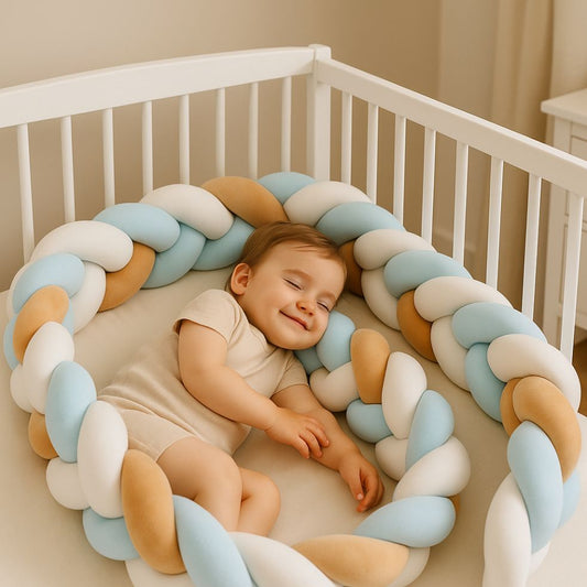 tresse de lit bleu blanc brun enfant souriant dans berceau
