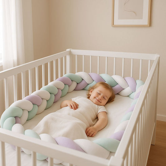 tresse de lit vert blanc mauve bebe souriant
