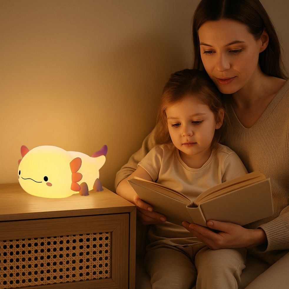 veilleuse bébé axolotl silicone relaxante maman fille lecture soir