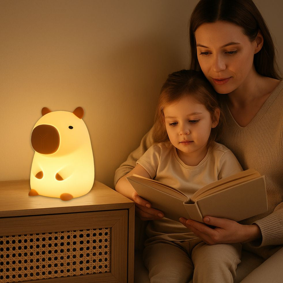 veilleuse bébé capybara nomade durable maman fille lecture soir