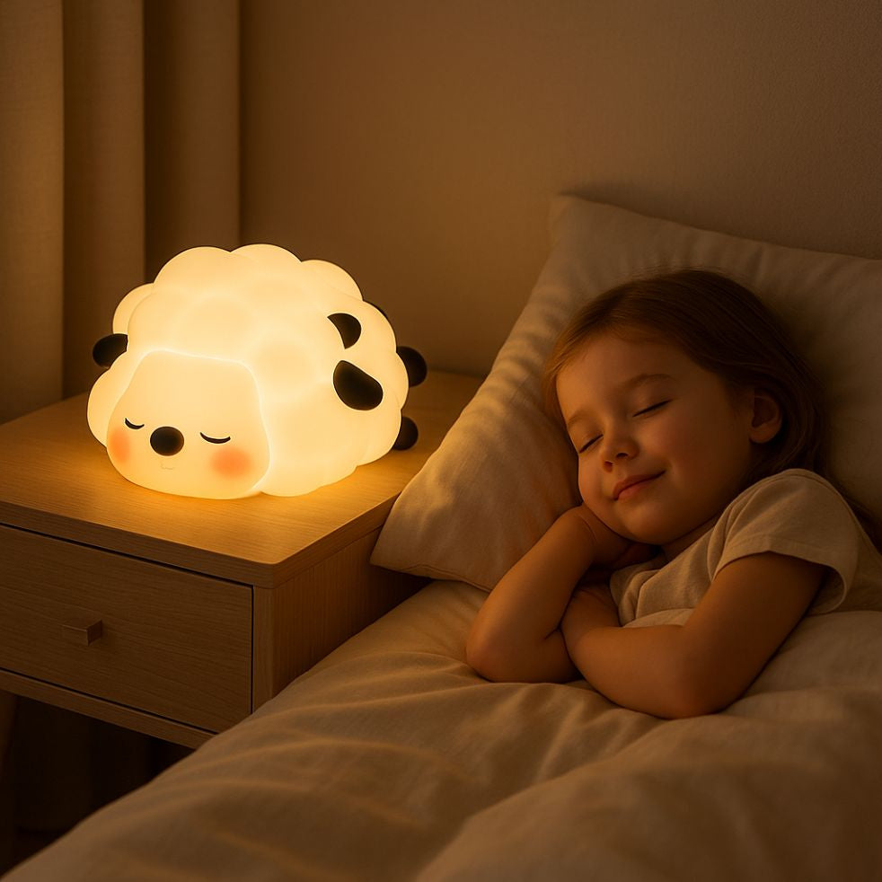 veilleuse bébé mouton fille endormie paisiblement dans lit