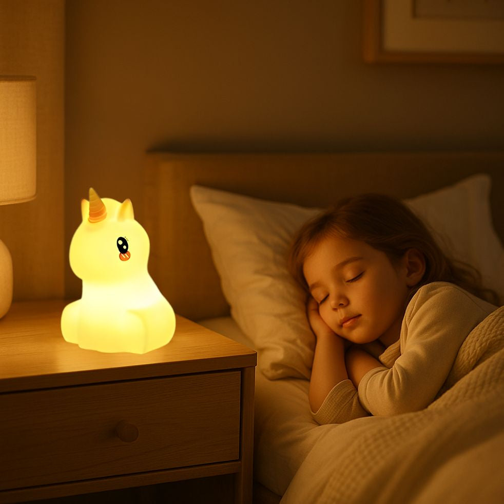 veilleuse enfant licorne silicone rechargeable tactile fille endormie lit